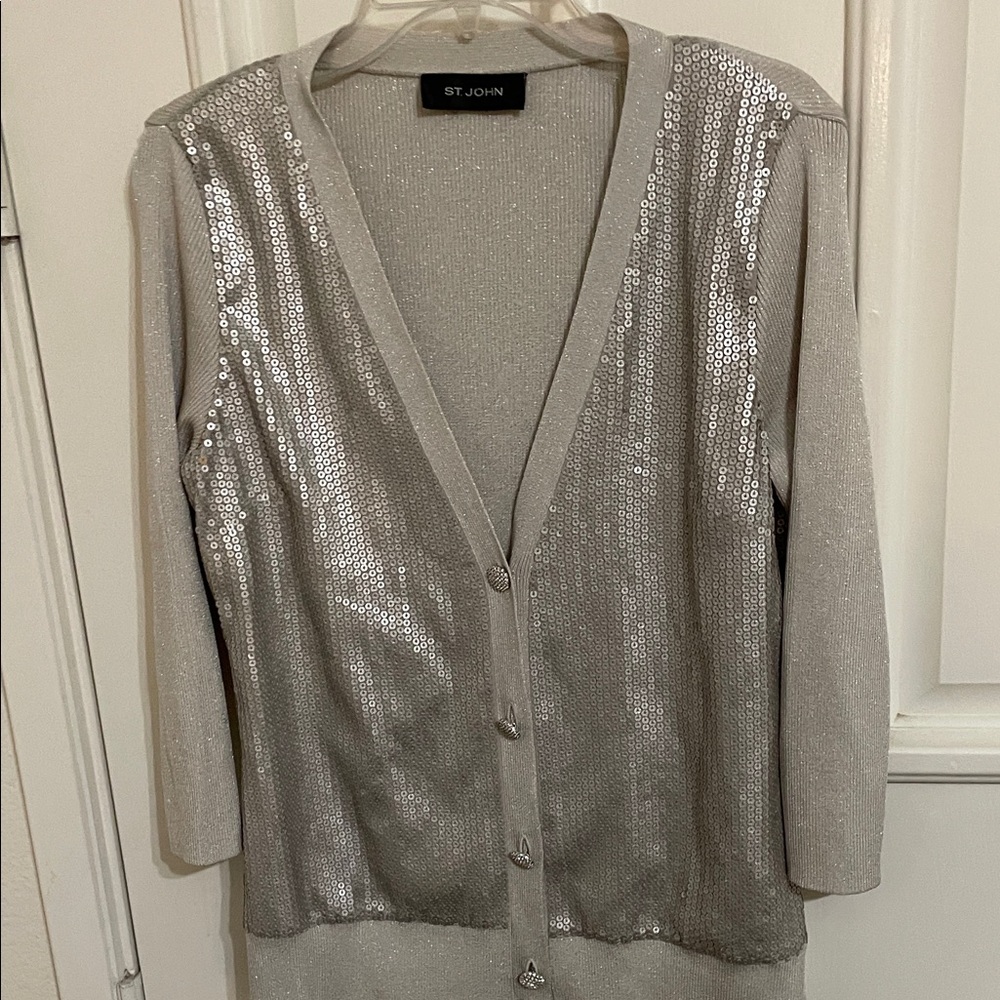 St.John Caviar Knit Sequined Jacket Cardigan Silver Grey  Sz 6